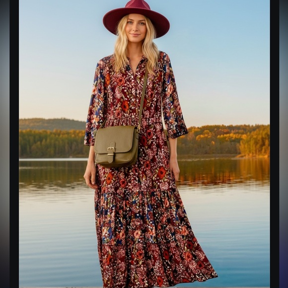 Coldwater Creek Dresses & Skirts - Coldwater Creek Woodland Wonder Maxi Dress Burgundy Floral Sleeve Dress Size 2X